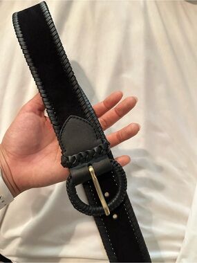 Boden Black Braided Leather Belt with Round Gold Buckle